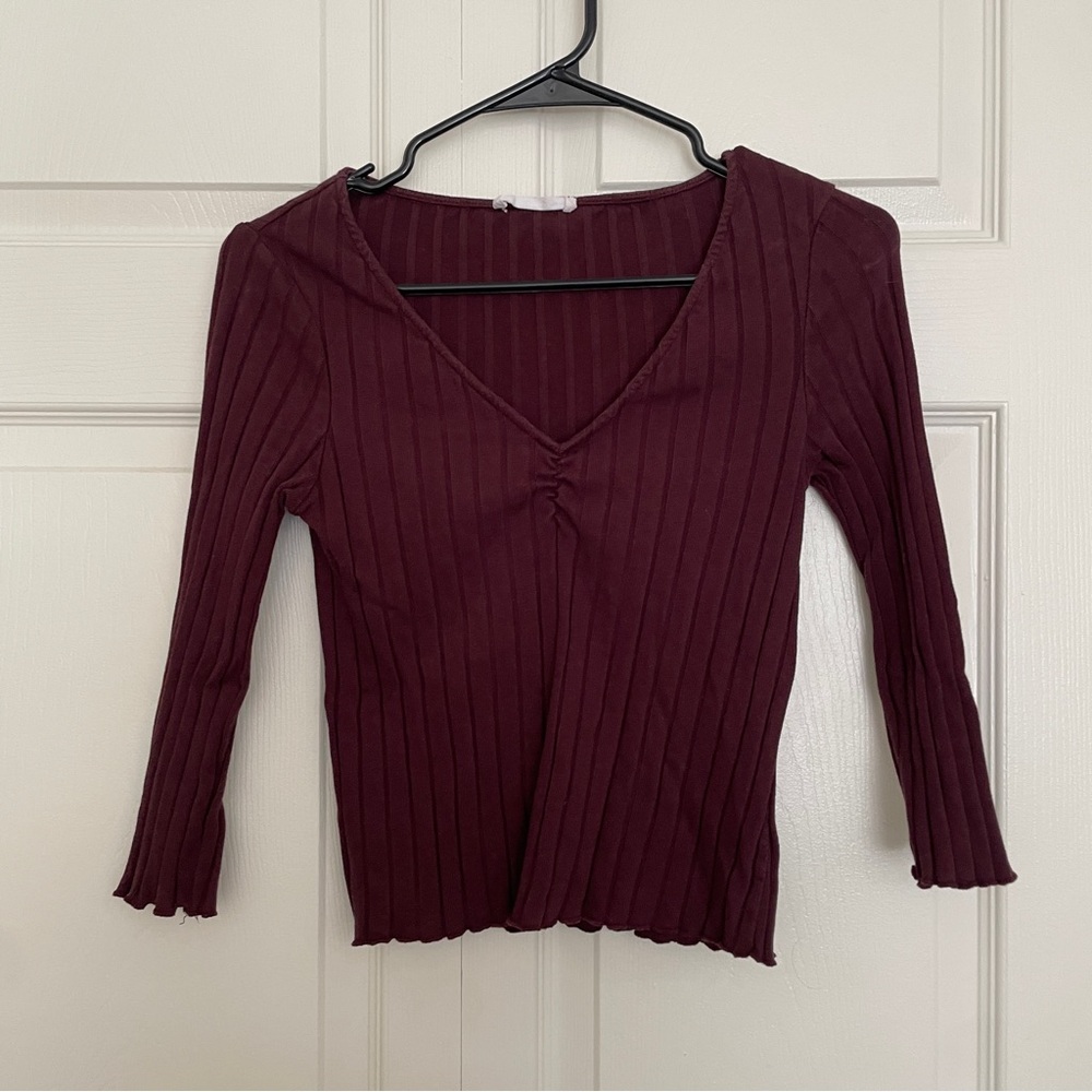 Mango Deep Burgundy Ribbed Blouse